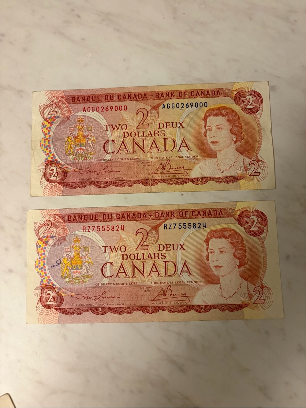1974 pair Vintage Canada Two Dollar Bills